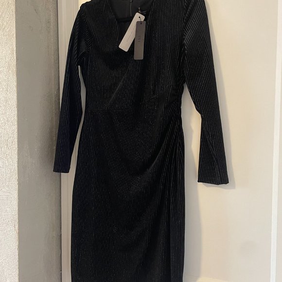 Black Halo Miramar Sheath Dress in Black w/ Silver Pinstripe - Picture 6 of 11